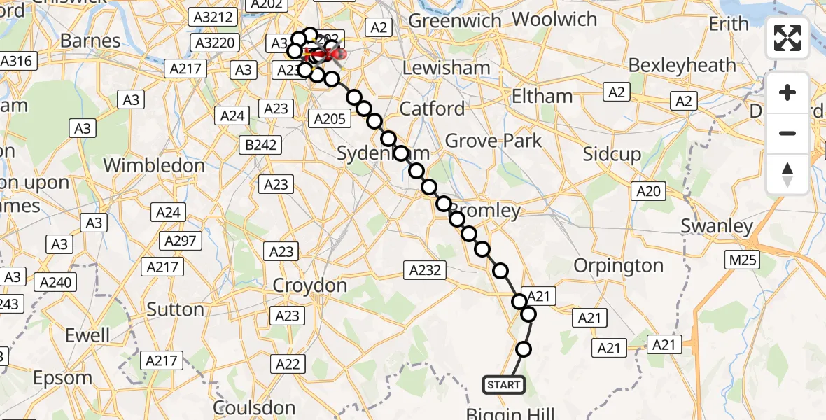 Flight path map showing Air Ambulance Helicopter route from London Biggin Hill Airport to Kings College London Hospital