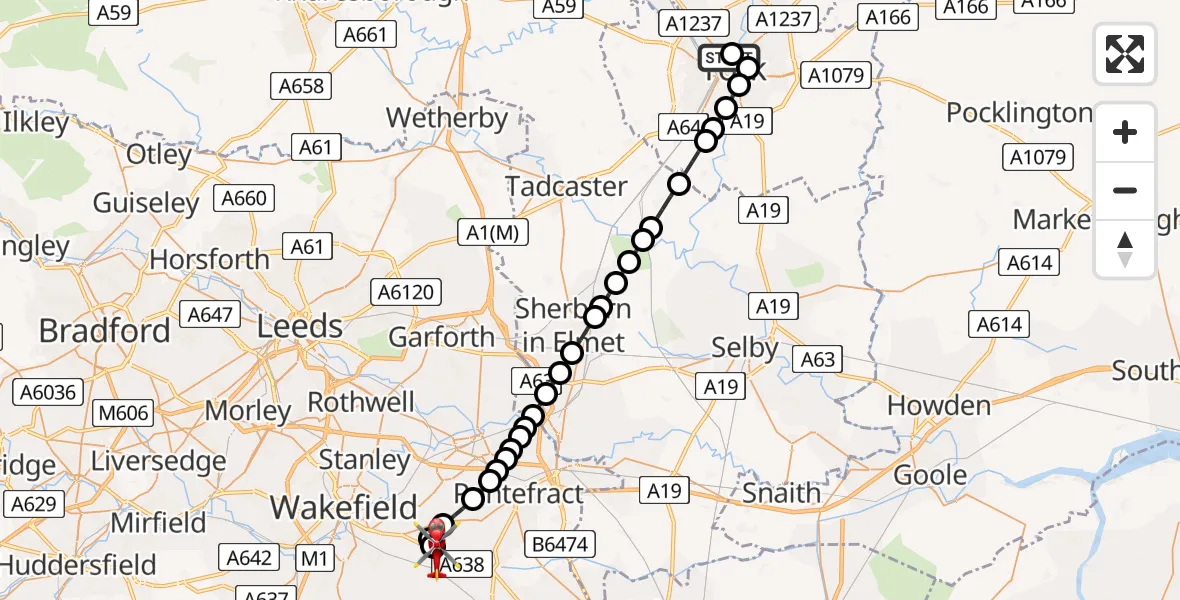 Flight path map showing Air Ambulance Helicopter route from Clifton to YAA Nostell Helicopter Port