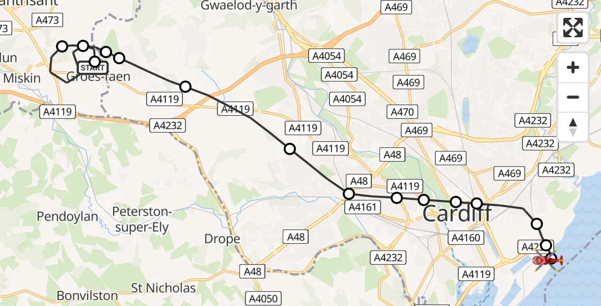 Flight path map showing Air Ambulance Helicopter route from Groes-faen to Cardiff Heliport