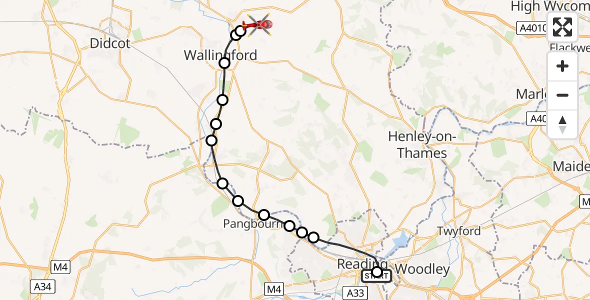 Flight path map showing Air Ambulance Helicopter route from Royal Berkshire Hospital to RAF Benson