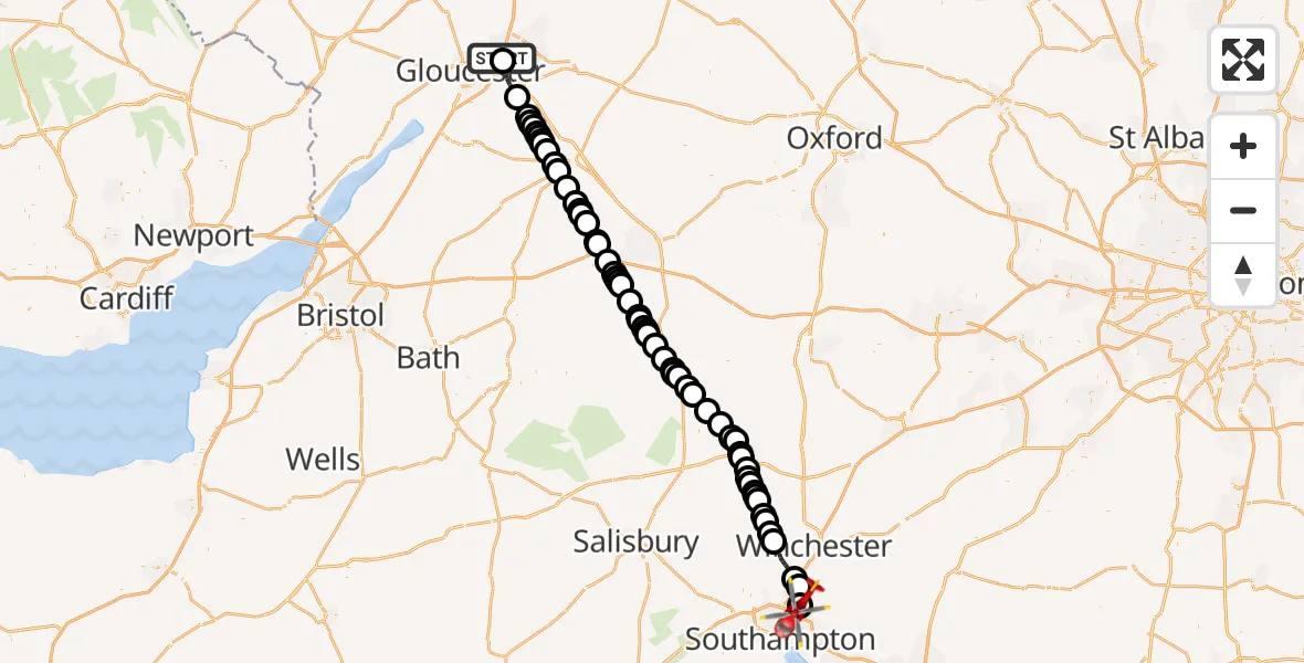 Flight path map showing Air Ambulance Helicopter route from Gloucestershire Airport to Southampton Airport