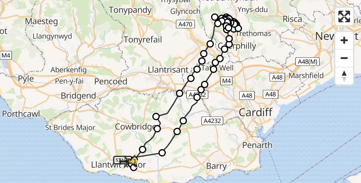 Flight path map showing Police Helicopter route from Llantwit Major to Boverton
