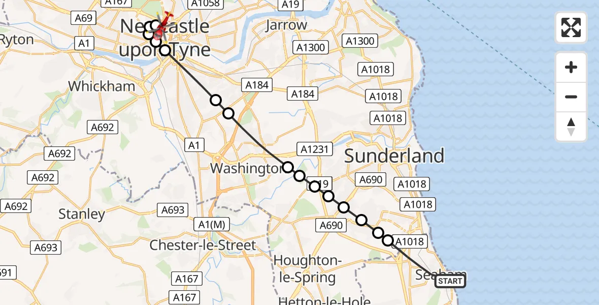Flight path map showing Air Ambulance Helicopter route from Seaham to Spital Tongues