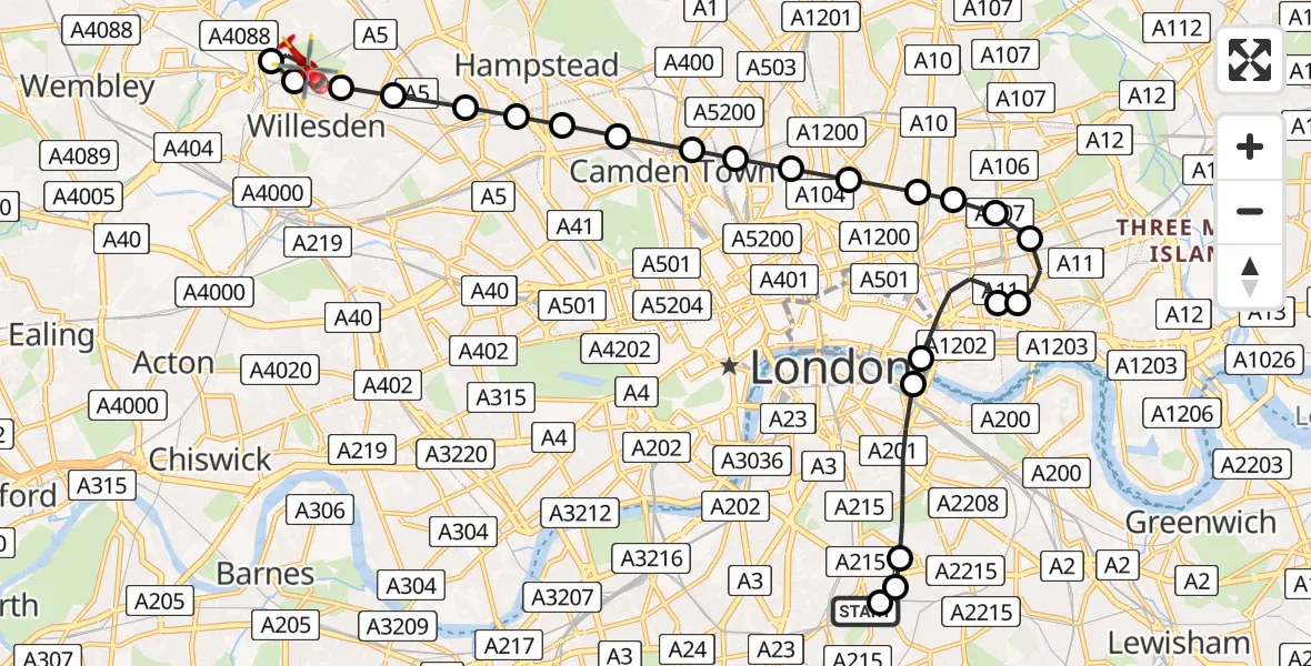 Flight path map showing Air Ambulance Helicopter route from Kings College London Hospital to Dollis Hill