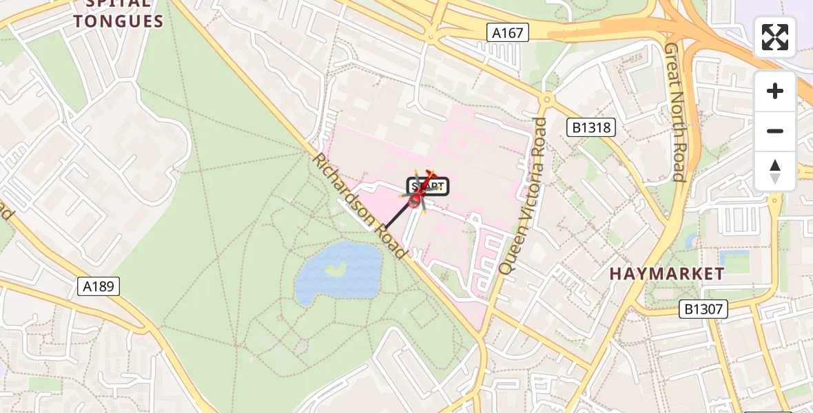 Flight path map showing Air Ambulance Helicopter route from Newcastle Royal Victoria Infirmary to Newcastle Royal Victoria Infirmary