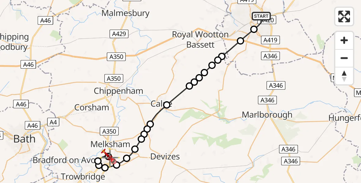 Flight path map showing Air Ambulance Helicopter route from Stratton St. Margaret to Melksham