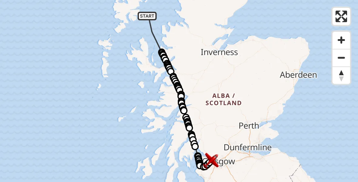 Flight path map showing Air Ambulance Aircraft route from Inner Seas to Glasgow Airport