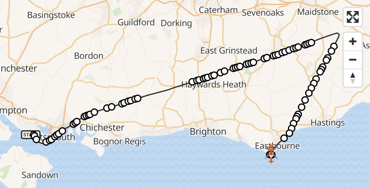 Flight path map showing Coastguard Helicopter route from Solent Airport to Eastbourne