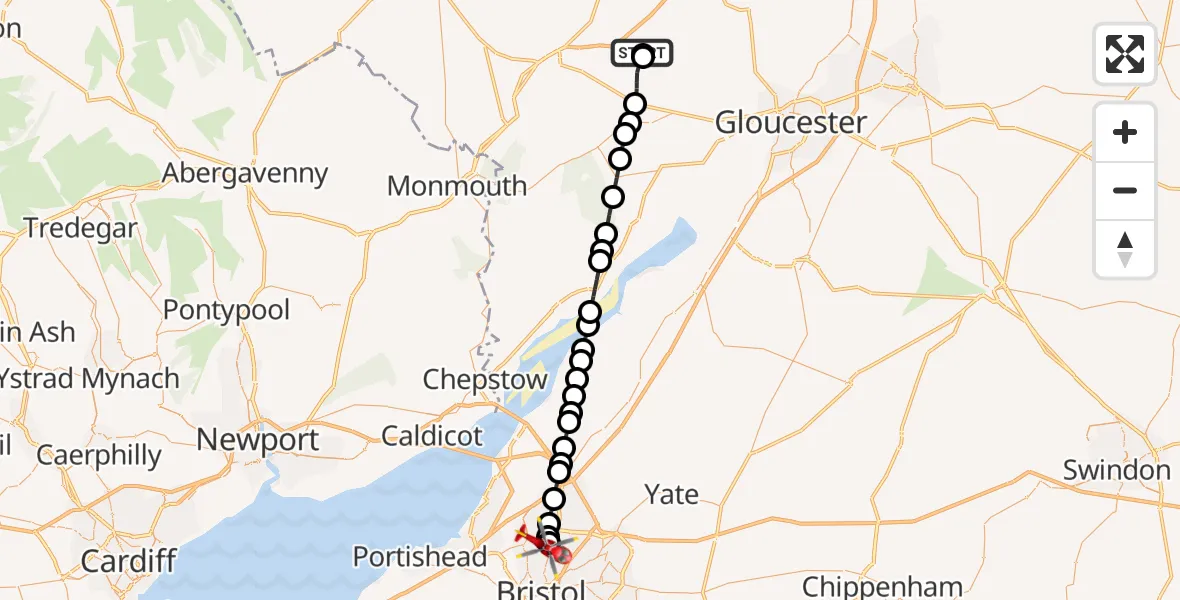 Flight path map showing Air Ambulance Helicopter route from Gorsley to Bristol
