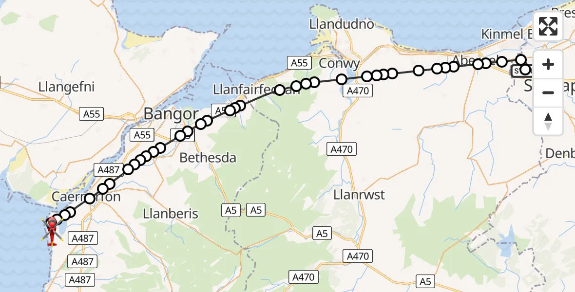 Flight route Air Ambulance Helicopter Ysbyty Glan Clywd Hospital Heliport - Caernarfon Airport, 30 April 2026, 17:31