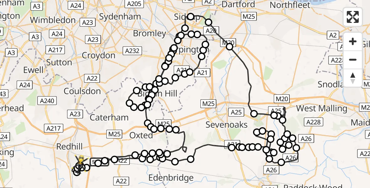Flight path map showing Police Helicopter route from Tandridge to Redhill Aerodrome