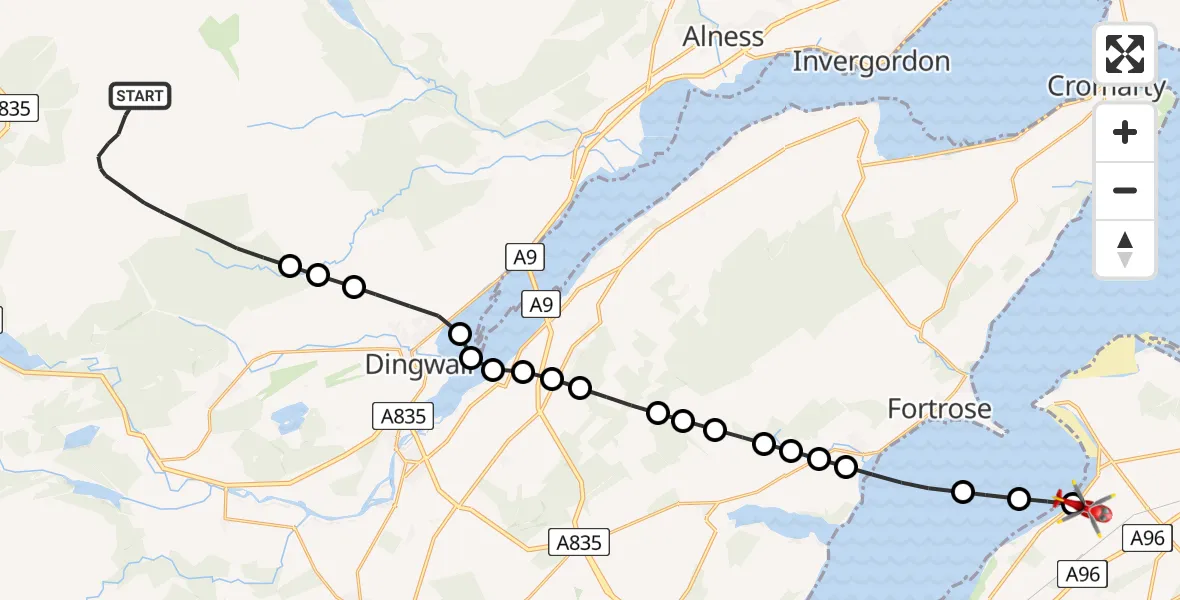 Flight path map showing Air Ambulance Helicopter route from Highland to Inverness Airport