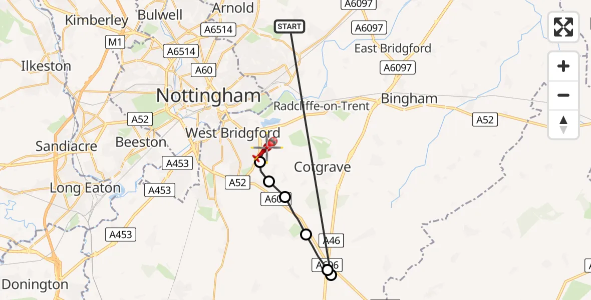 Flight path map showing Air Ambulance Helicopter route from Lambley to West Bridgford