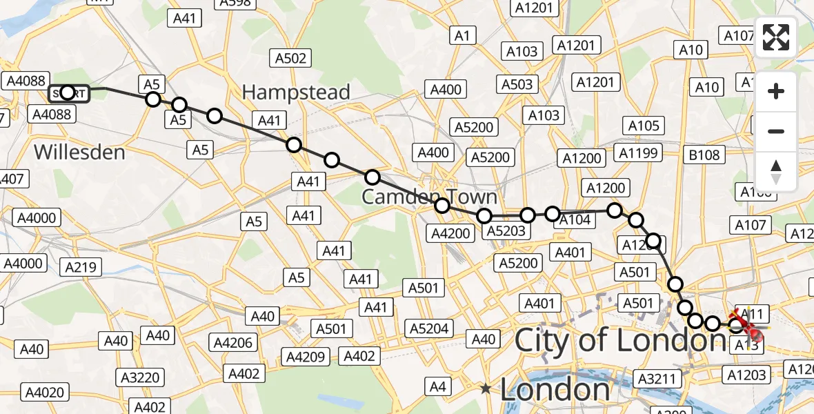 Flight path map showing Air Ambulance Helicopter route from Dollis Hill to Royal London Hospital
