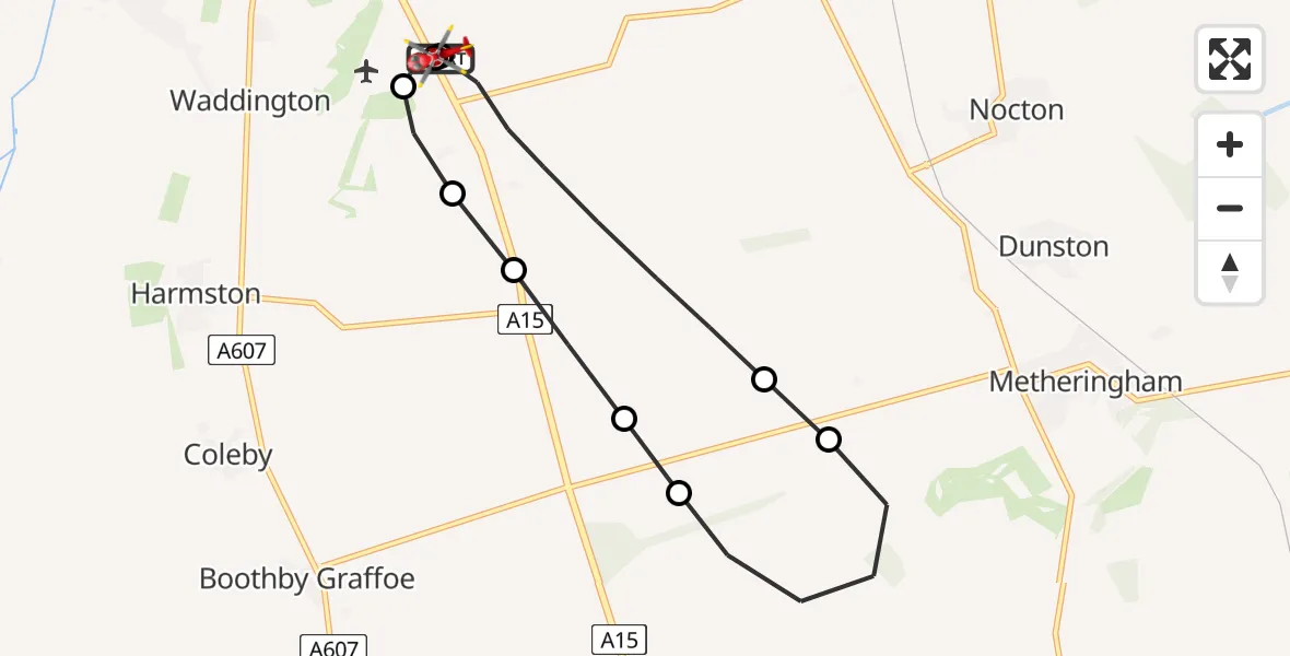 Flight path map showing Air Ambulance Helicopter route from RAF Waddington to North Kesteven