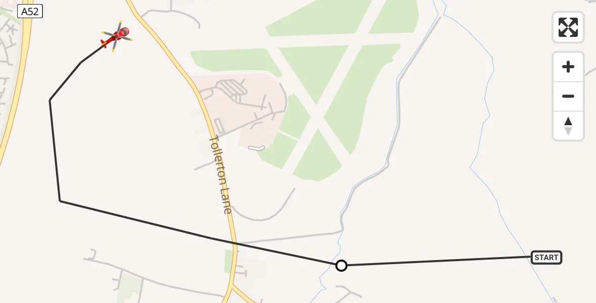 Flight path map showing Air Ambulance Helicopter route from Clipston to West Bridgford