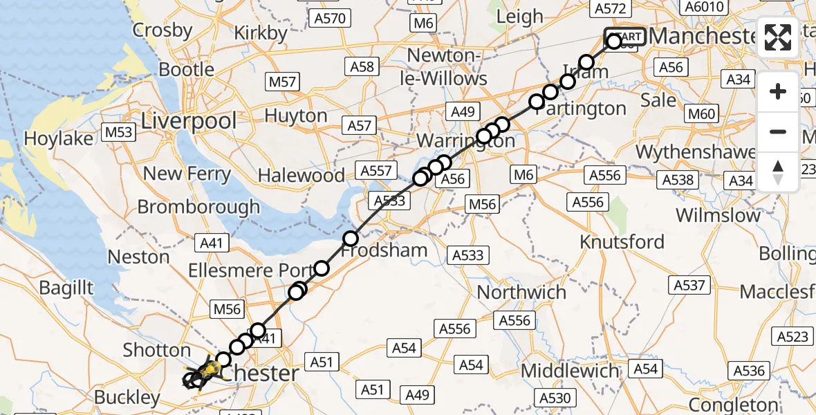 Flight path map showing Police Helicopter route from Worsley to Sandycroft