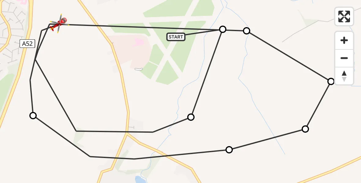 Flight path map showing Air Ambulance Helicopter route from Nottingham City Airport to West Bridgford