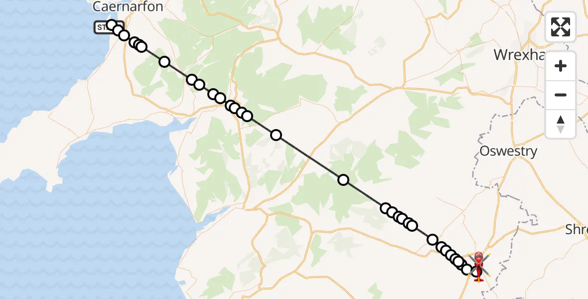 Flight path map showing Air Ambulance Helicopter route from Caernarfon Airport to Welshpool Airport