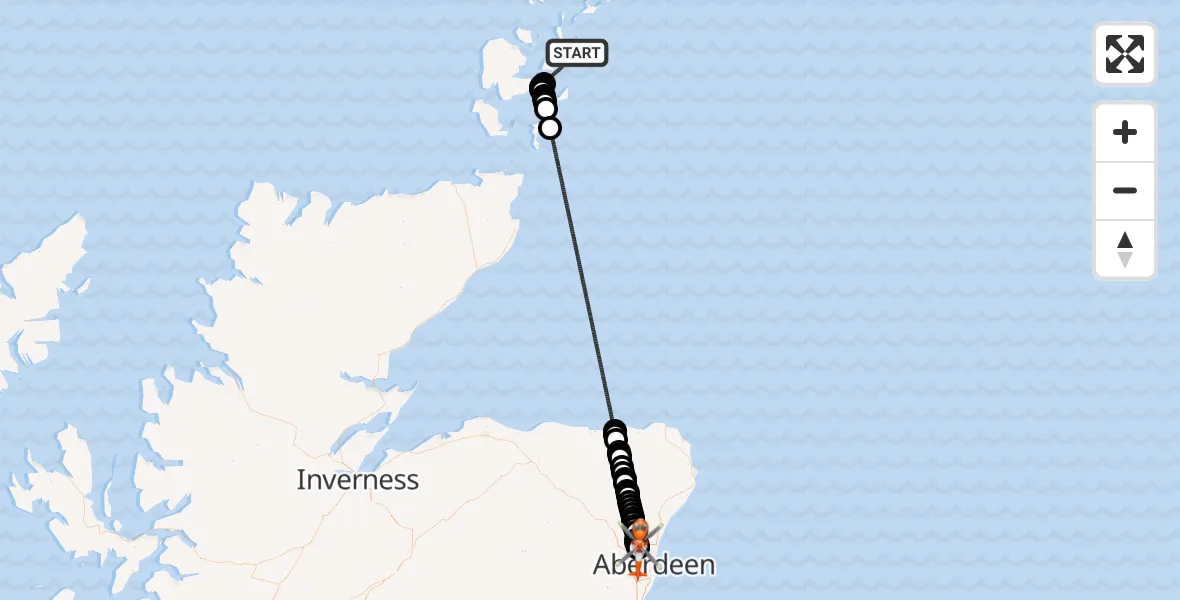 Flight path map showing Coastguard Helicopter route from North Atlantic Ocean to Aberdeen International Airport
