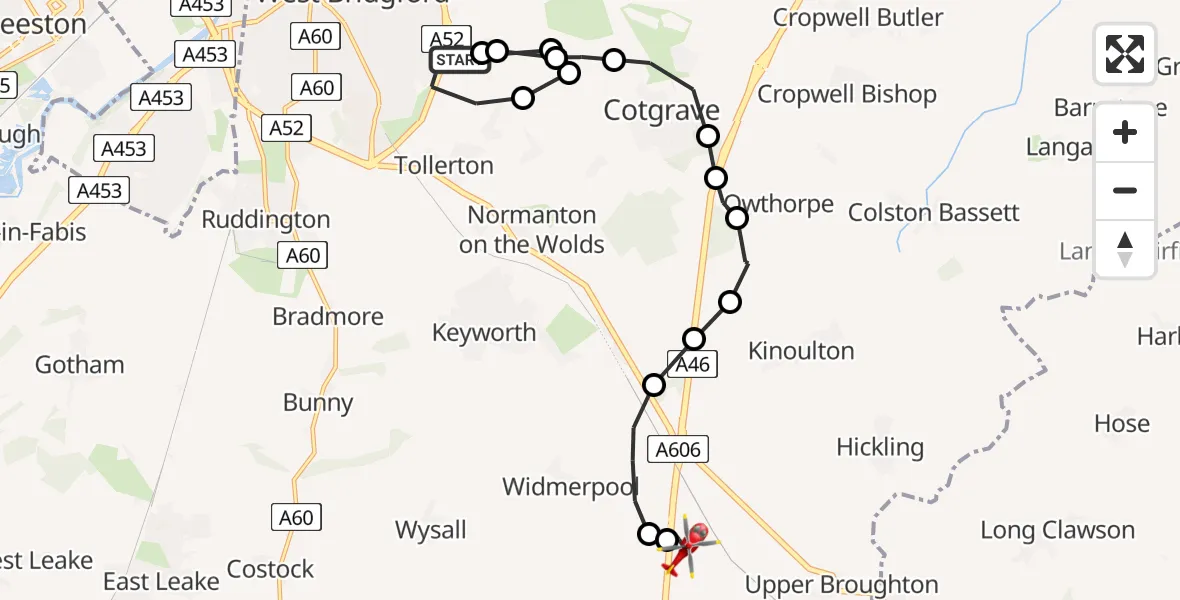 Flight path map showing Air Ambulance Helicopter route from West Bridgford to Nottingham Heliport