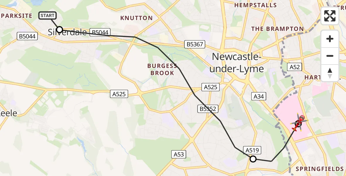 Flight path map showing Air Ambulance Helicopter route from Newcastle-under-Lyme to University Hospital North Staffs