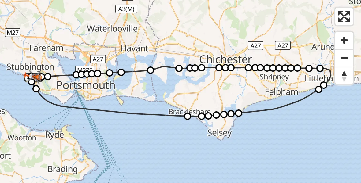 Flight path map showing Coastguard Helicopter route from Solent Airport to Solent Airport