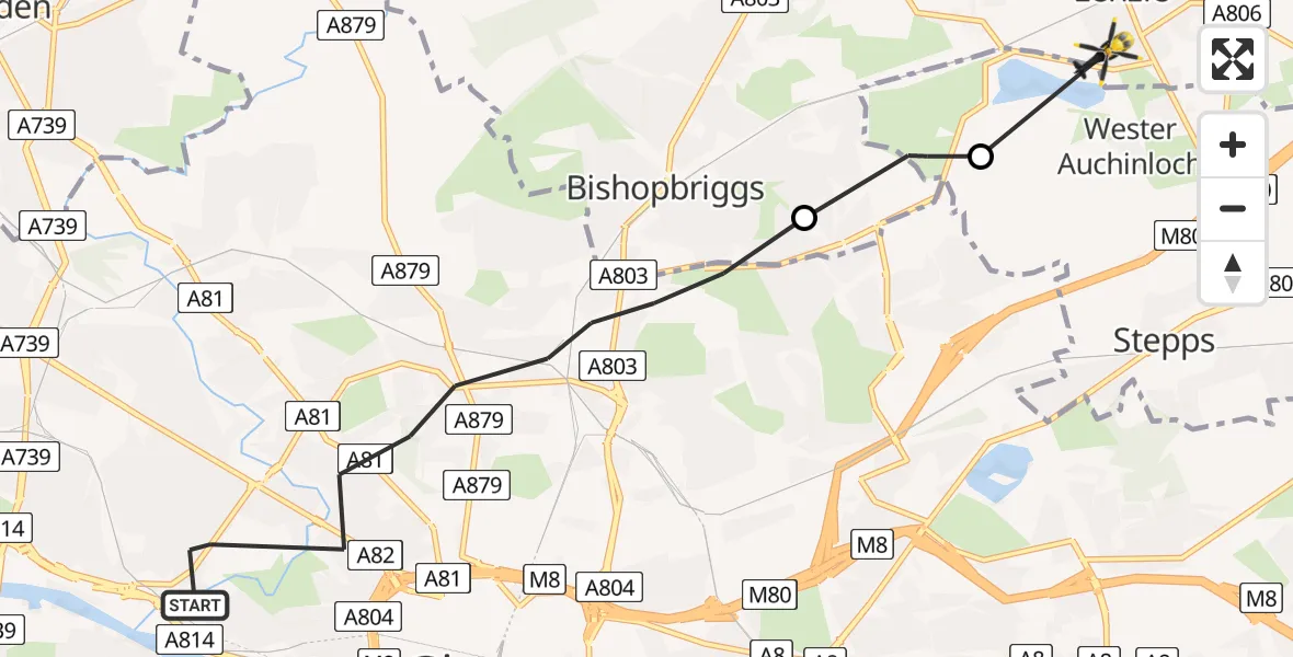 Flight path map showing Police Helicopter route from Glasgow to Wester Auchinloch