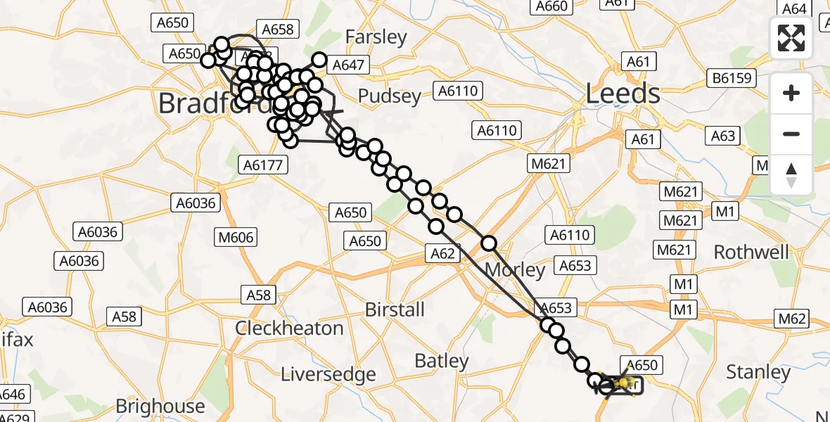 Flight path map showing Police Helicopter route from East Ardsley to Woodkirk