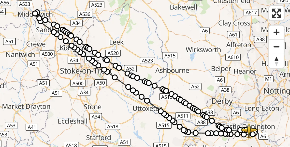 Flight route Police Aircraft East Midlands Airport - East Midlands Airport, 30 April 2026, 18:36