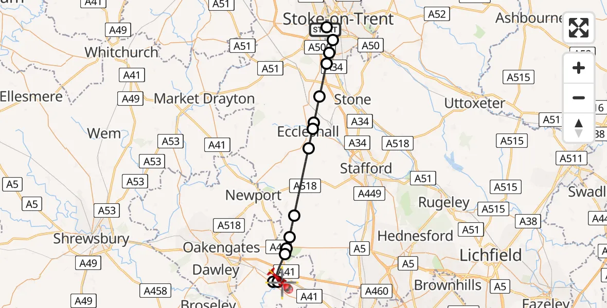 Flight path map showing Air Ambulance Helicopter route from University Hospital North Staffs to Cosford