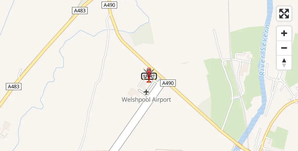 Flight path map showing Air Ambulance Helicopter route from Welshpool Airport to Welshpool Airport