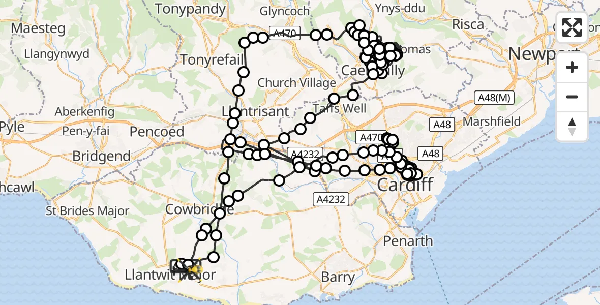 Flight path map showing Police Helicopter route from Llanmaes to Boverton