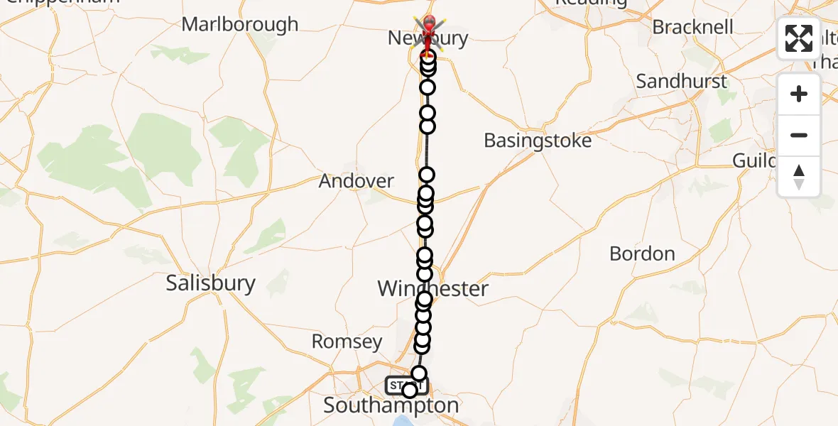 Flight path map showing Air Ambulance Helicopter route from Bitterne Park to Newbury