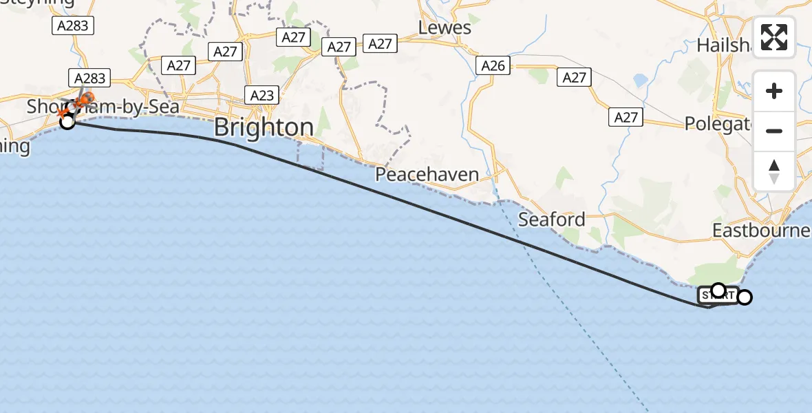Flight path map showing Coastguard Helicopter route from English Channel to Brighton City Airport