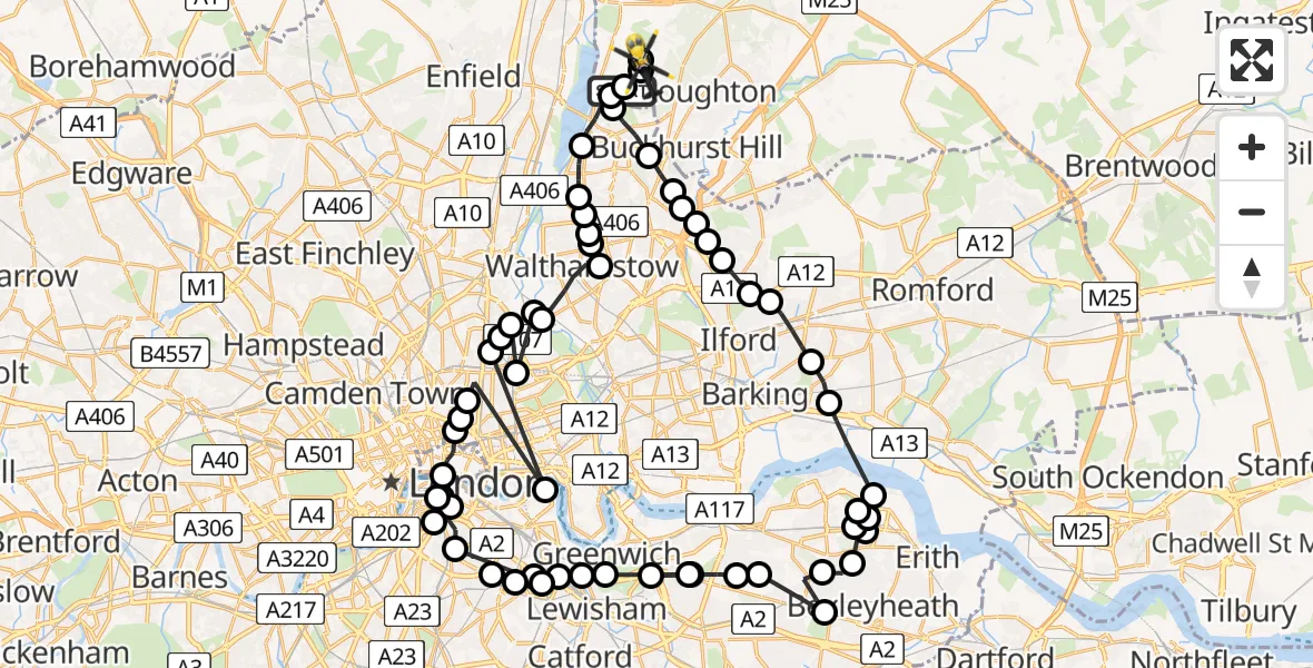 Flight path map showing Police Helicopter route from Chingford to Metropolitan Police Air Support Unit Lippitts Hill