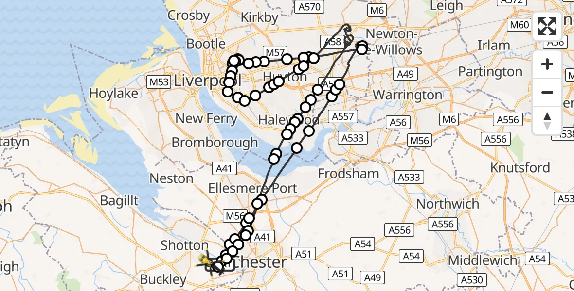 Flight path map showing Police Helicopter route from Hawarden Airport to Broughton