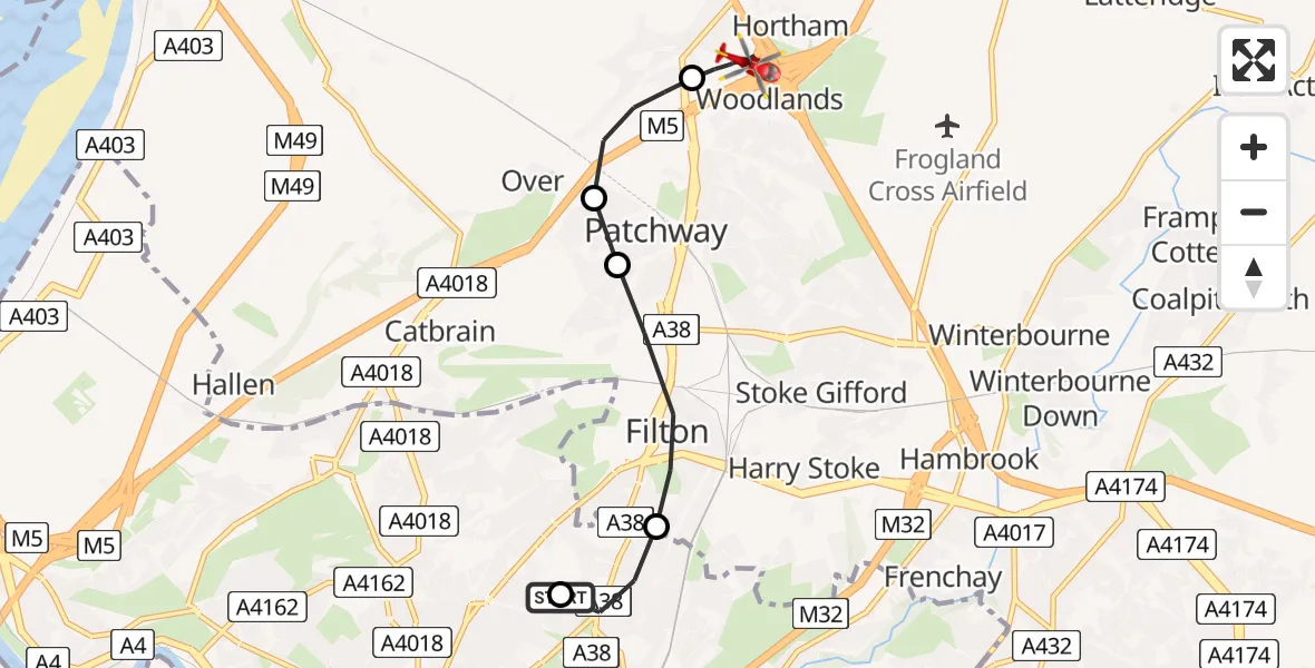 Flight path map showing Air Ambulance Helicopter route from Southmead Hospital to Almondsbury Helicopter Base