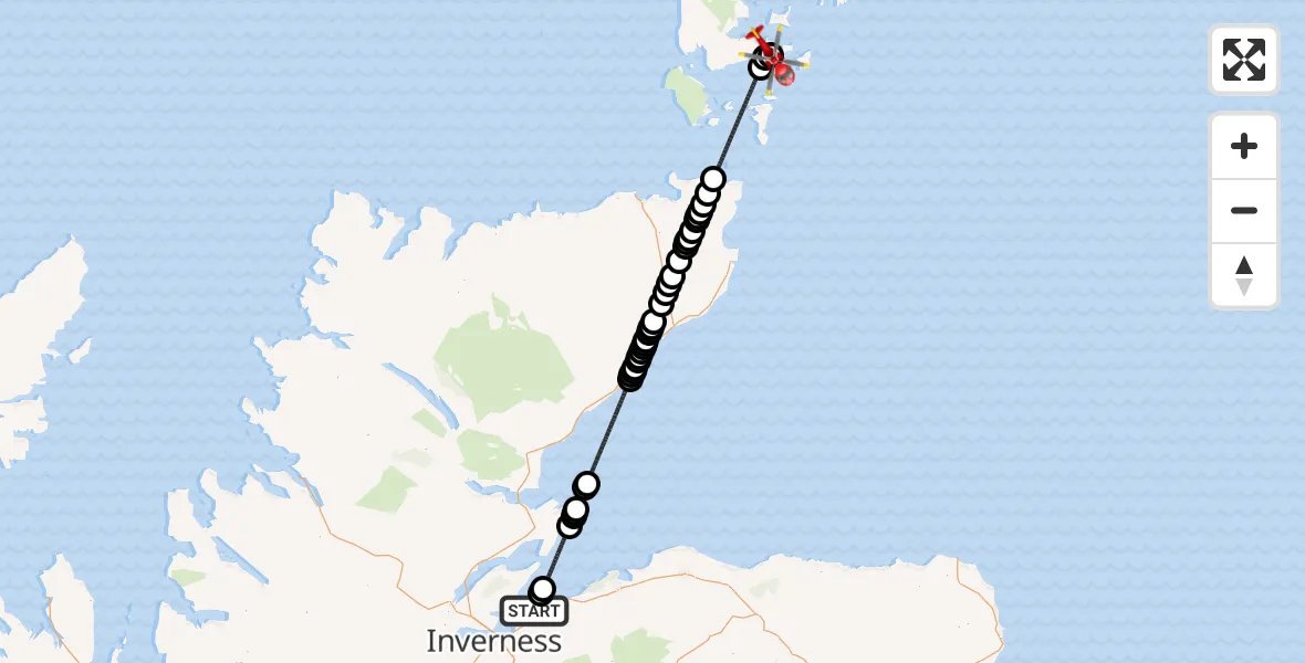 Flight path map showing Air Ambulance Helicopter route from Ardersier to Kirkwall Airport