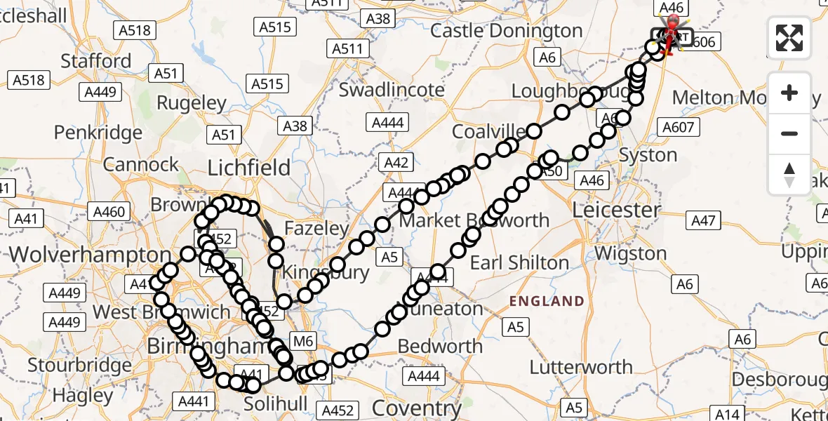 Flight path map showing Air Ambulance Helicopter route from Nottingham Heliport to Nottingham Heliport