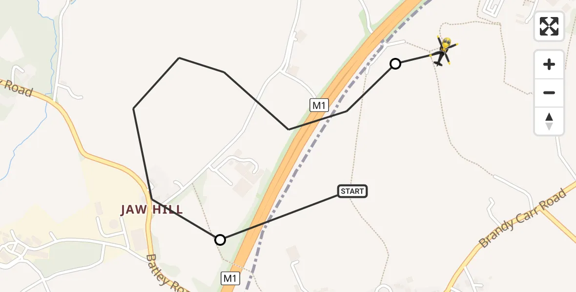 Flight path map showing Police Helicopter route from East Ardsley to Wrenthorpe