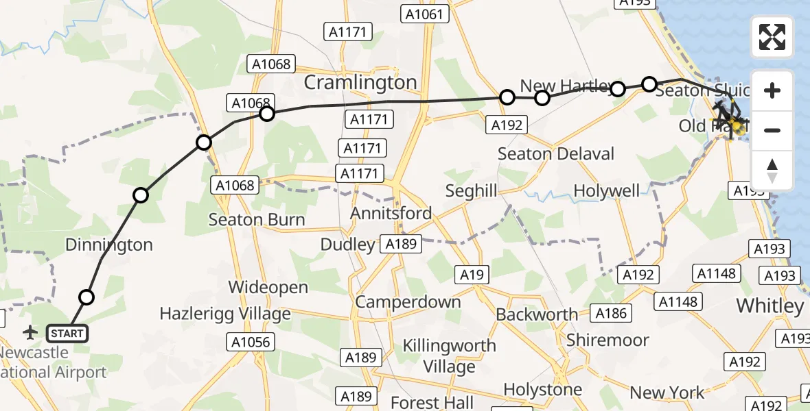 Flight path map showing Police Helicopter route from Newcastle International Airport to Seaton Sluice