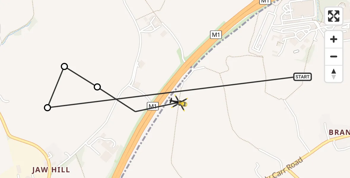 Flight path map showing Police Helicopter route from East Ardsley to Woodkirk