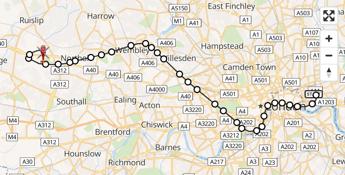 Flight path map showing Air Ambulance Helicopter route from Royal London Hospital to RAF Northolt