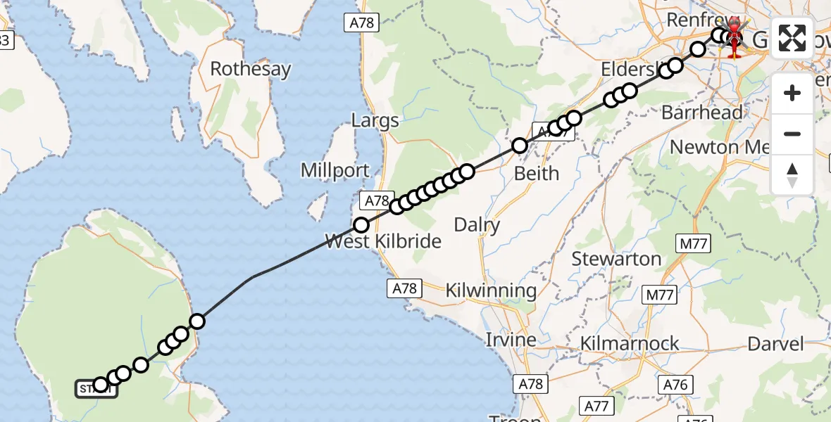 Flight path map showing Air Ambulance Helicopter route from Glaister to Queen Elizabeth Hospital