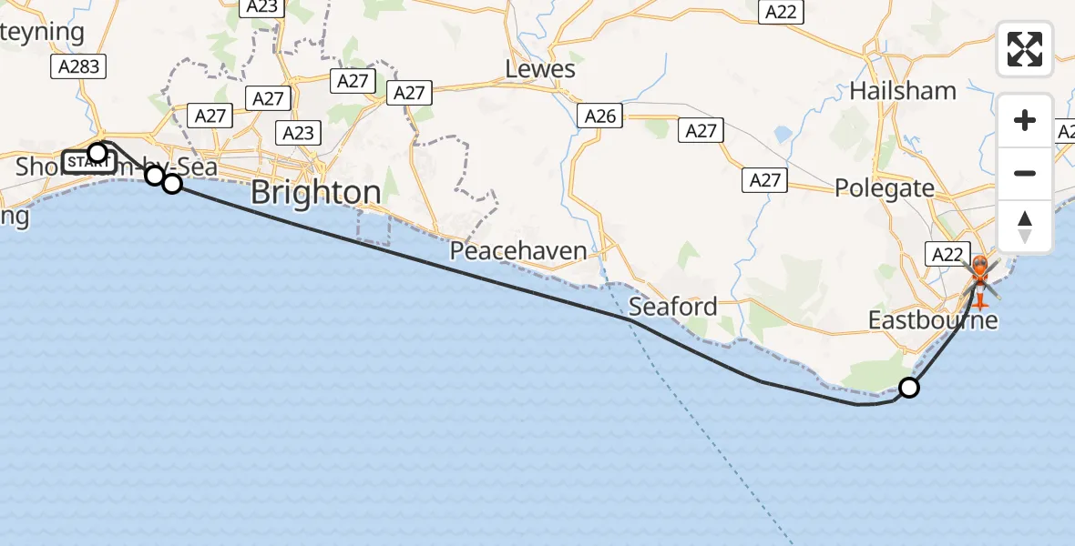 Flight path map showing Coastguard Helicopter route from Brighton City Airport to Eastbourne