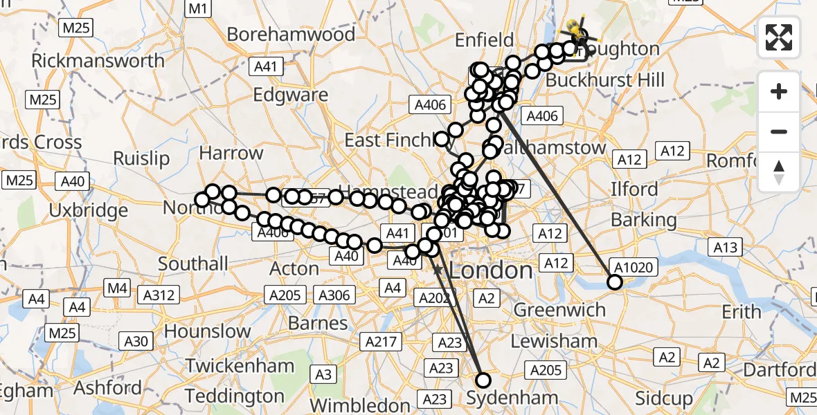 Flight path map showing Police Helicopter route from Sewardstonebury to Sewardstonebury
