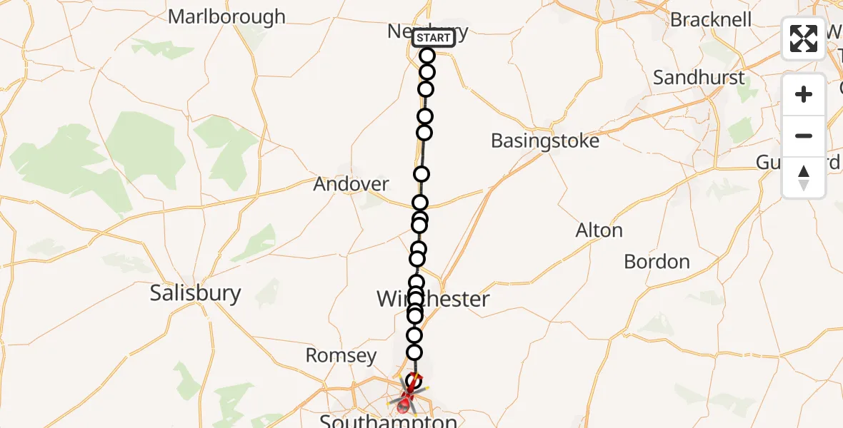 Flight path map showing Air Ambulance Helicopter route from Newbury to Mansbridge