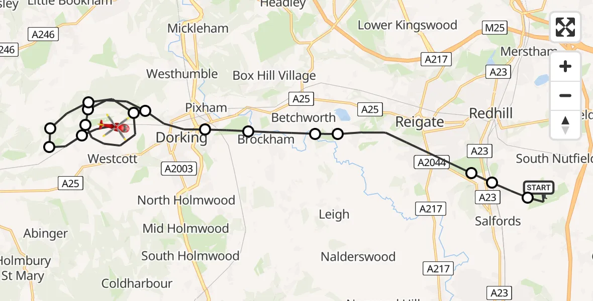 Flight path map showing Air Ambulance Helicopter route from Redhill Aerodrome to Westcott
