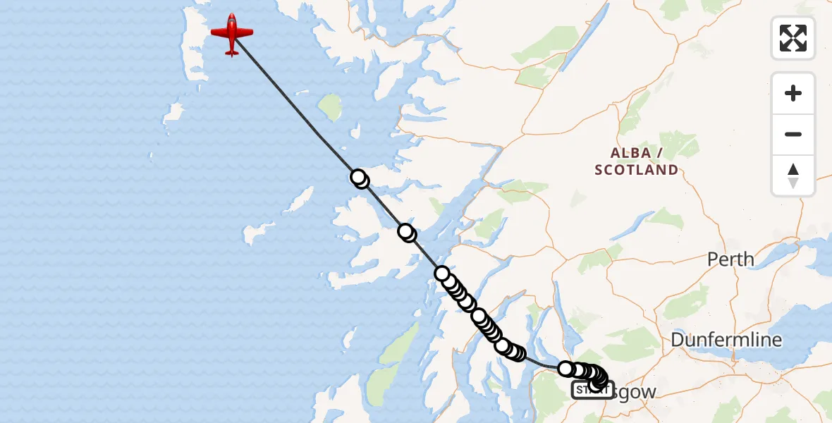 Flight path map showing Air Ambulance Aircraft route from Glasgow Airport to Inner Seas